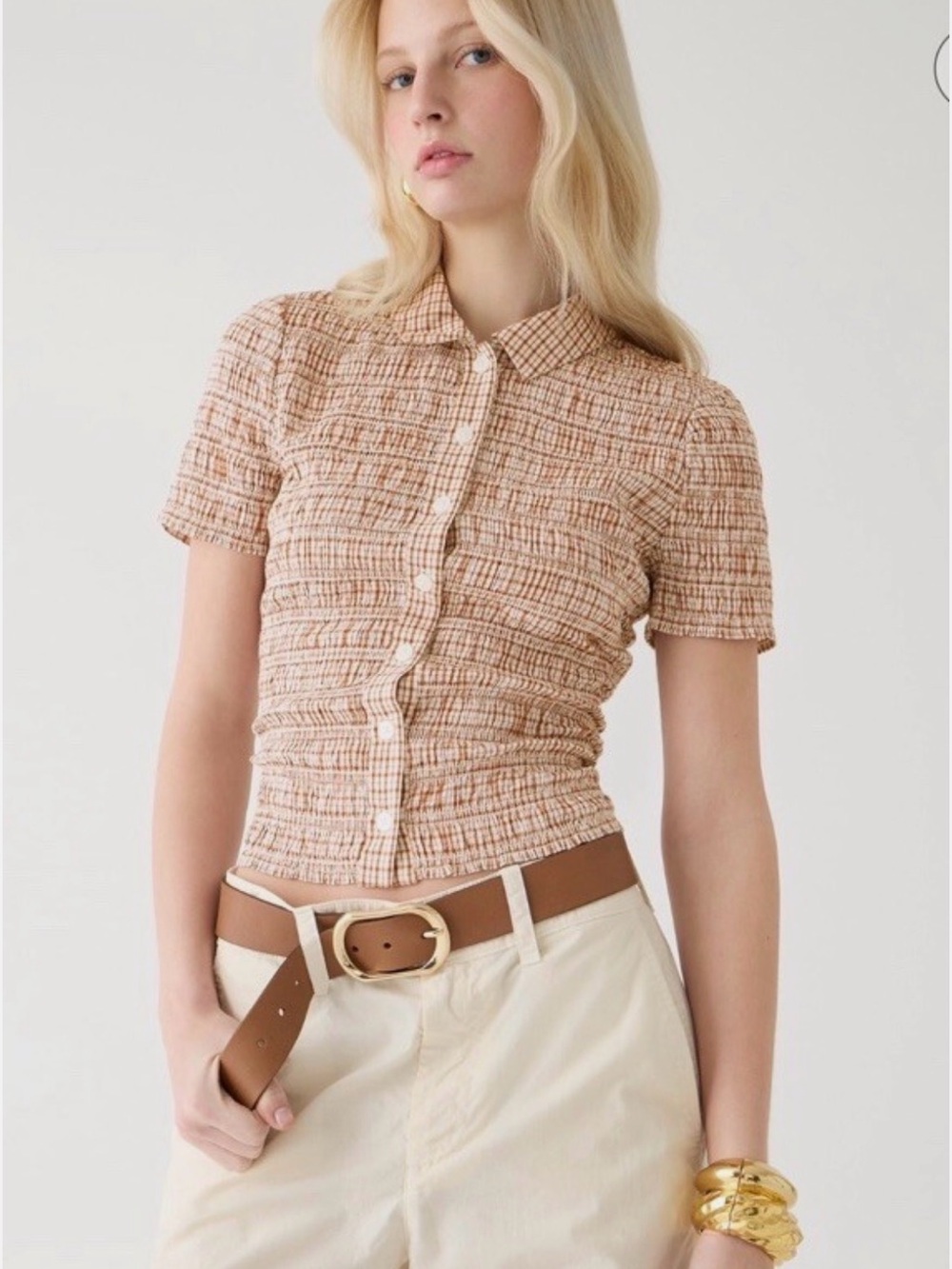 J.Crew Smocked Short-Sleeve Button-Up Top in brown white gingham plaid